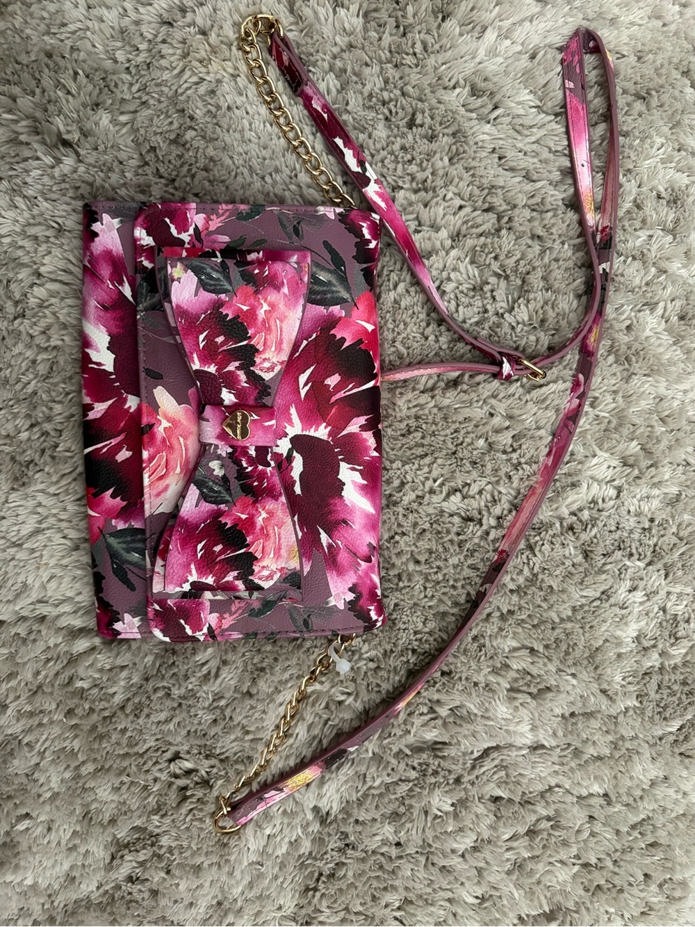 Betsey Johnson Pink Floral Bow Crossbody with Gold Chain